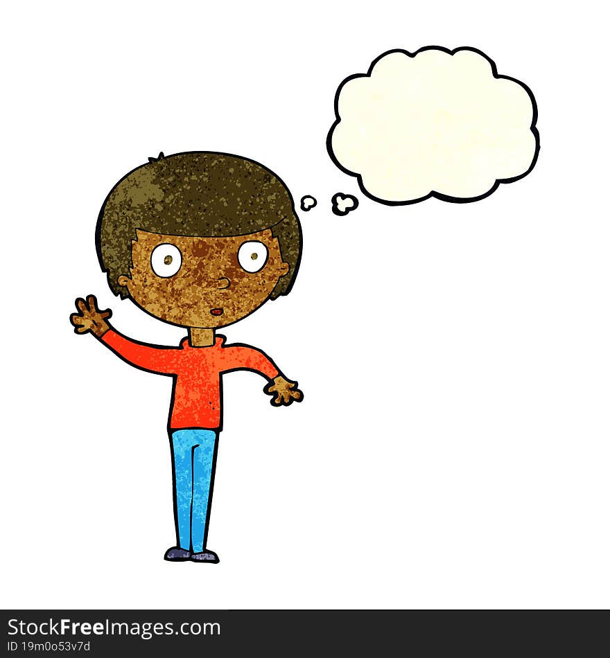 Cartoon Waving Boy With Thought Bubble