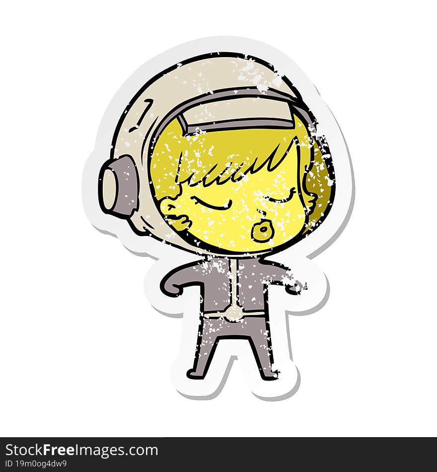 distressed sticker of a cartoon pretty astronaut girl