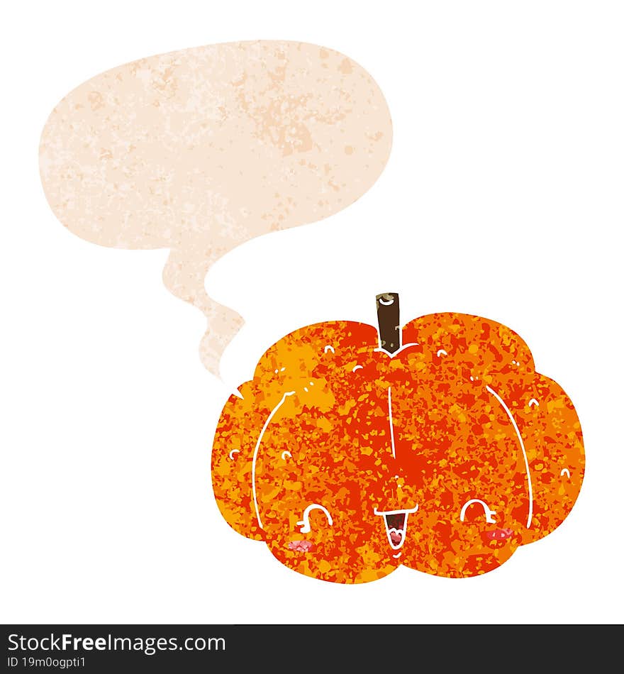 cartoon pumpkin and speech bubble in retro textured style