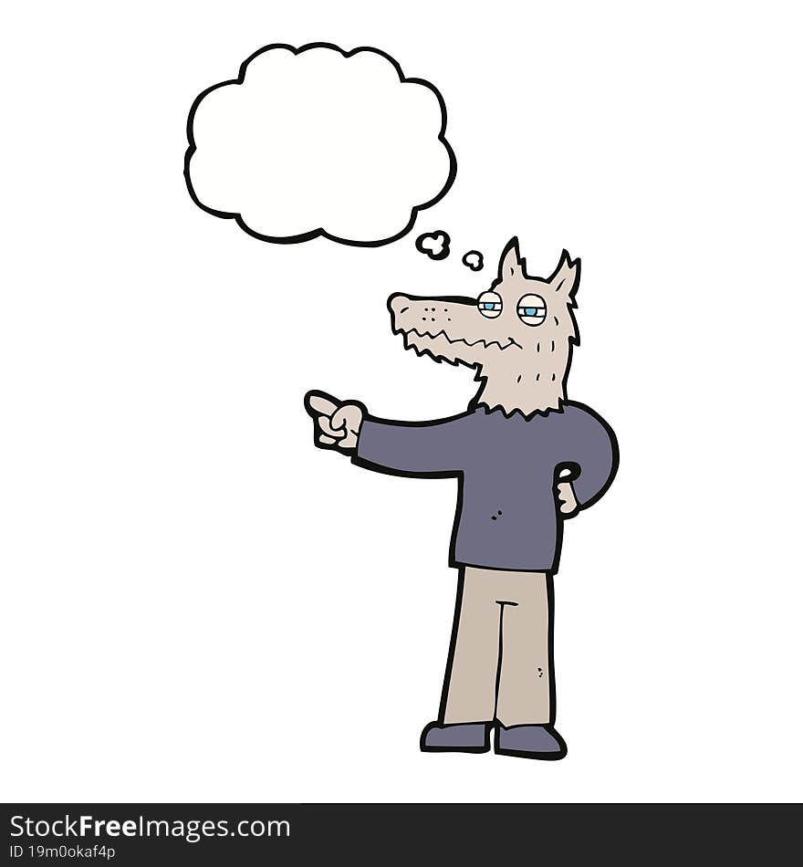 cartoon pointing wolf man with thought bubble