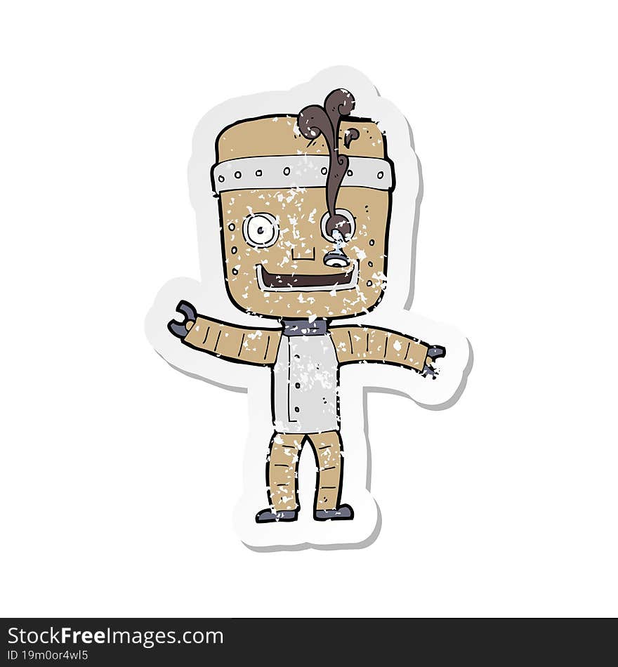 retro distressed sticker of a cartoon funny old robot