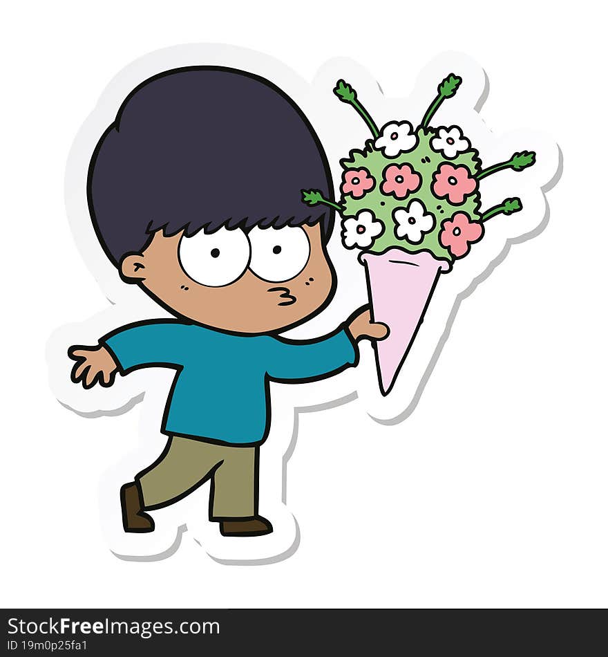 sticker of a nervous cartoon boy with flowers