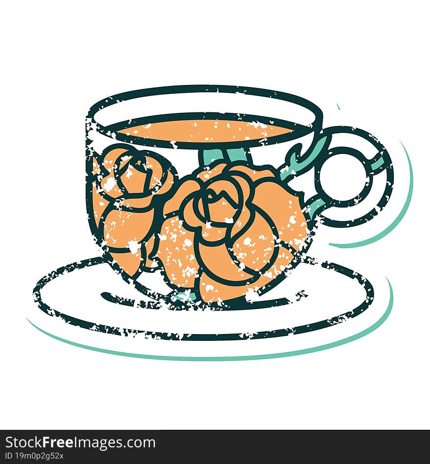 Distressed Sticker Tattoo Style Icon Of A Cup And Flowers