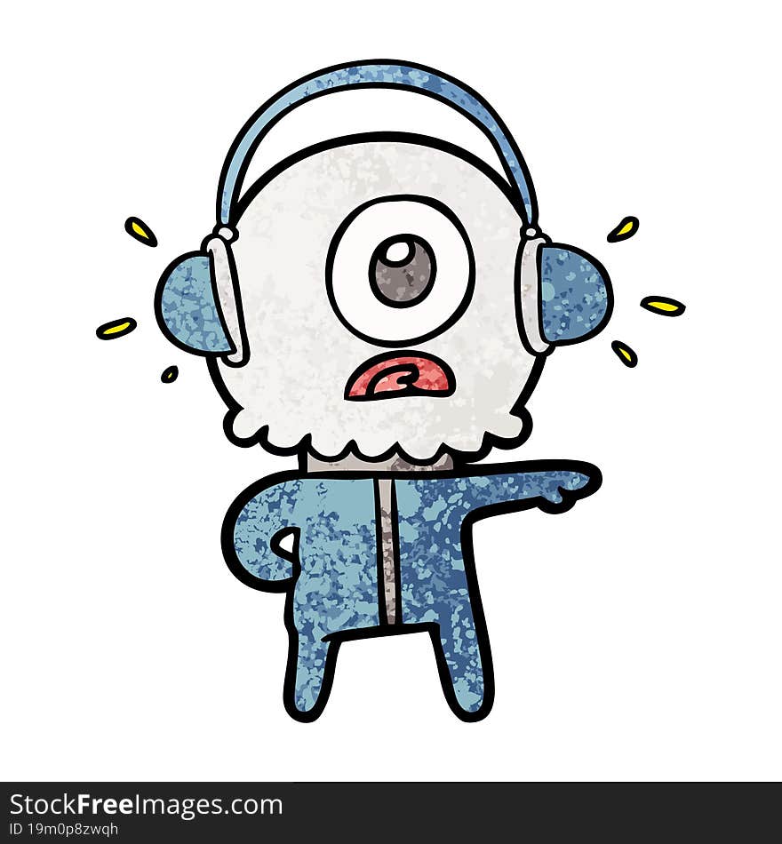 cartoon cyclops alien spaceman listening to music. cartoon cyclops alien spaceman listening to music