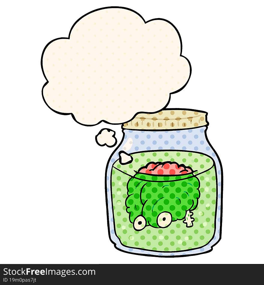 cartoon spooky brain in jar and thought bubble in comic book style