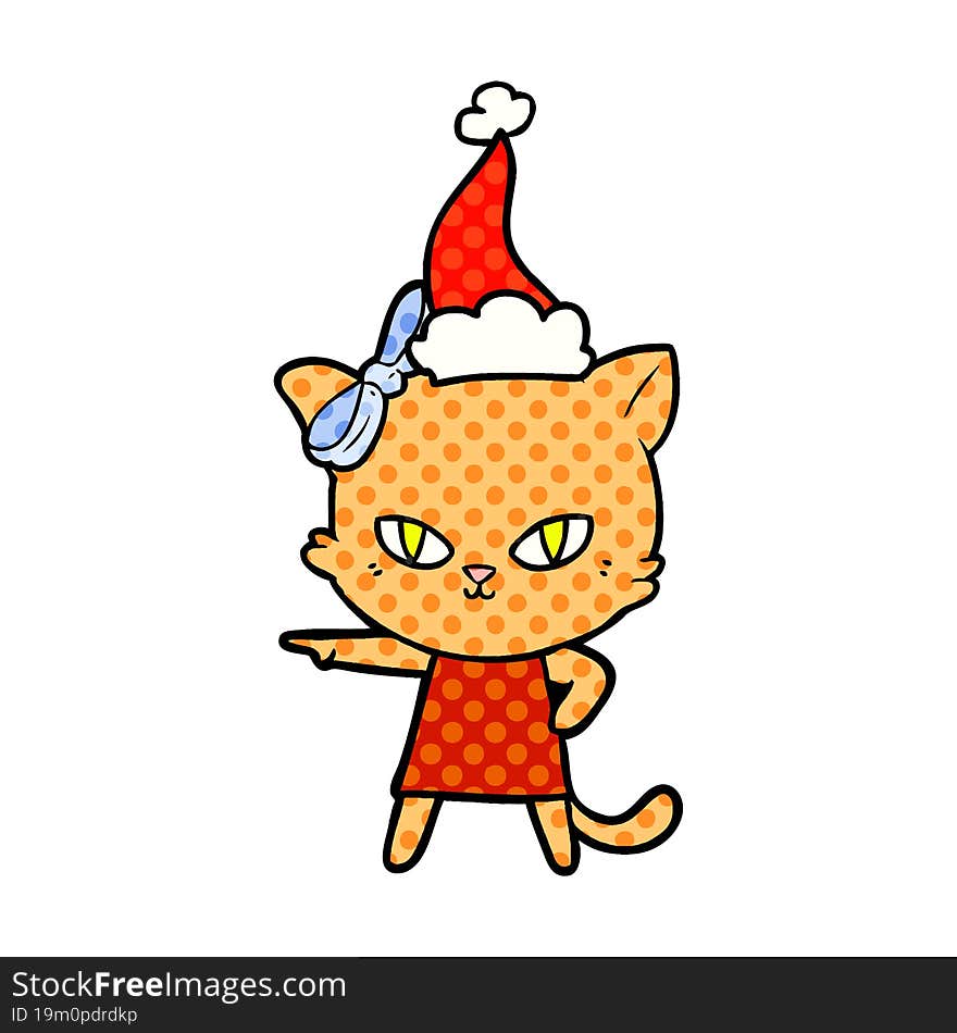 cute hand drawn comic book style illustration of a cat wearing dress wearing santa hat