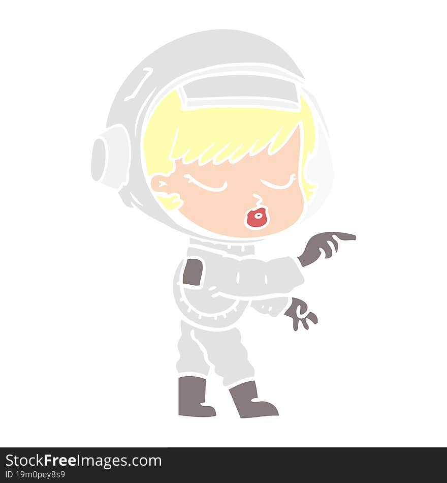 flat color style cartoon pretty astronaut girl pointing