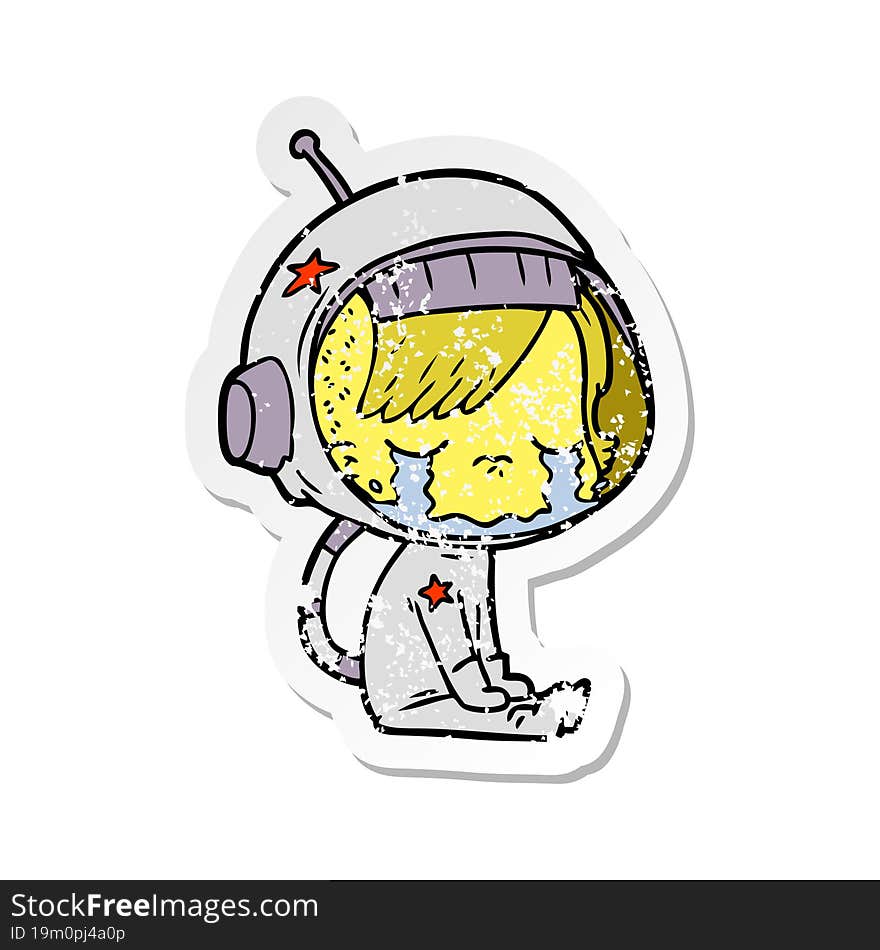 distressed sticker of a cartoon crying astronaut girl sitting