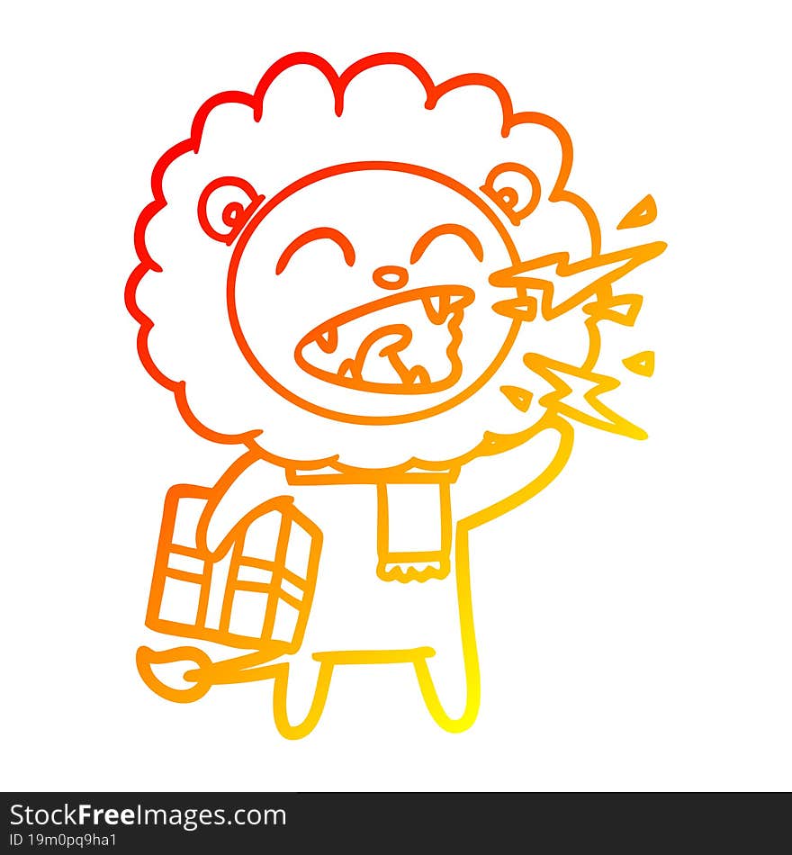 warm gradient line drawing of a cartoon roaring lion with present