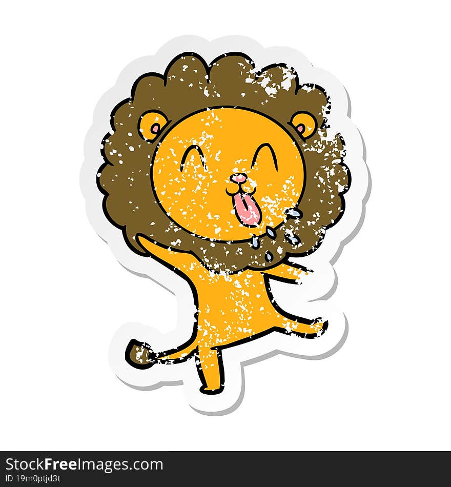 distressed sticker of a happy cartoon lion