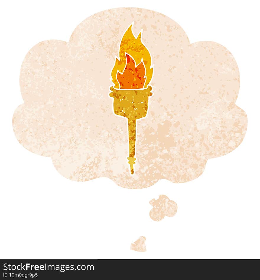 Cartoon Flaming Torch And Thought Bubble In Retro Textured Style