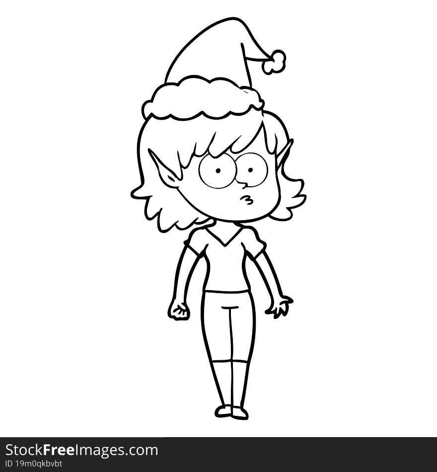 line drawing of a elf girl staring wearing santa hat