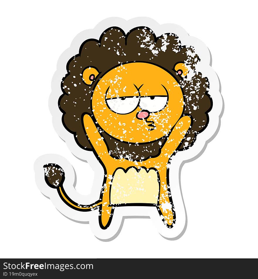 distressed sticker of a cartoon bored lion