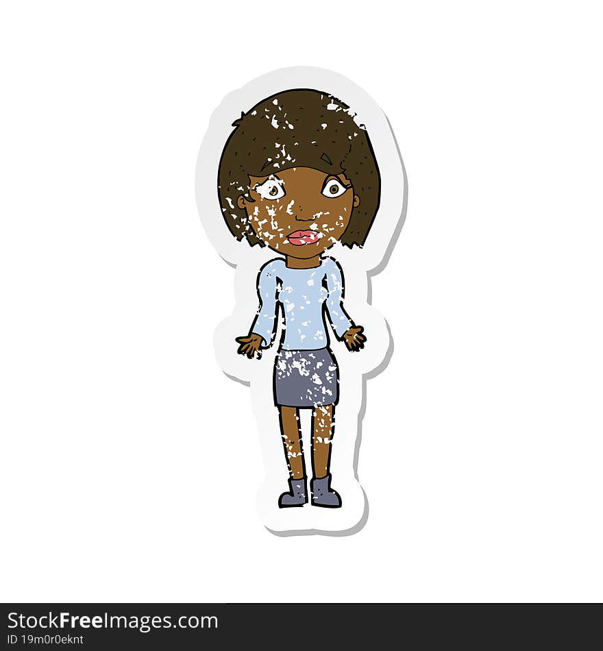 retro distressed sticker of a cartoon woman shrugging shoulders