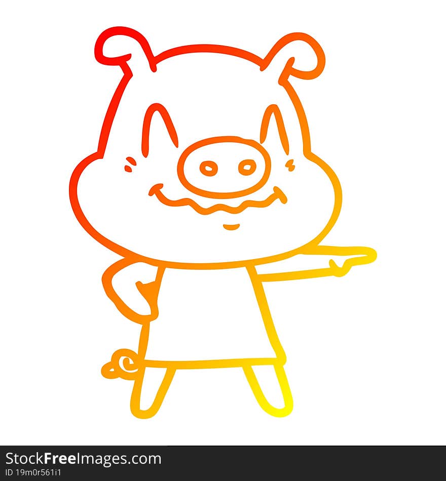 warm gradient line drawing nervous cartoon pig wearing dress