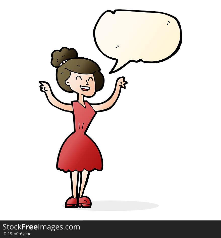 cartoon woman with raised arms with speech bubble