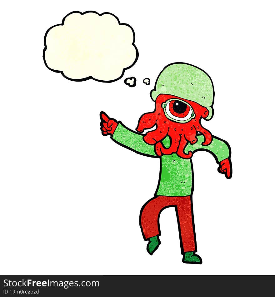 cartoon alien man dancing with thought bubble