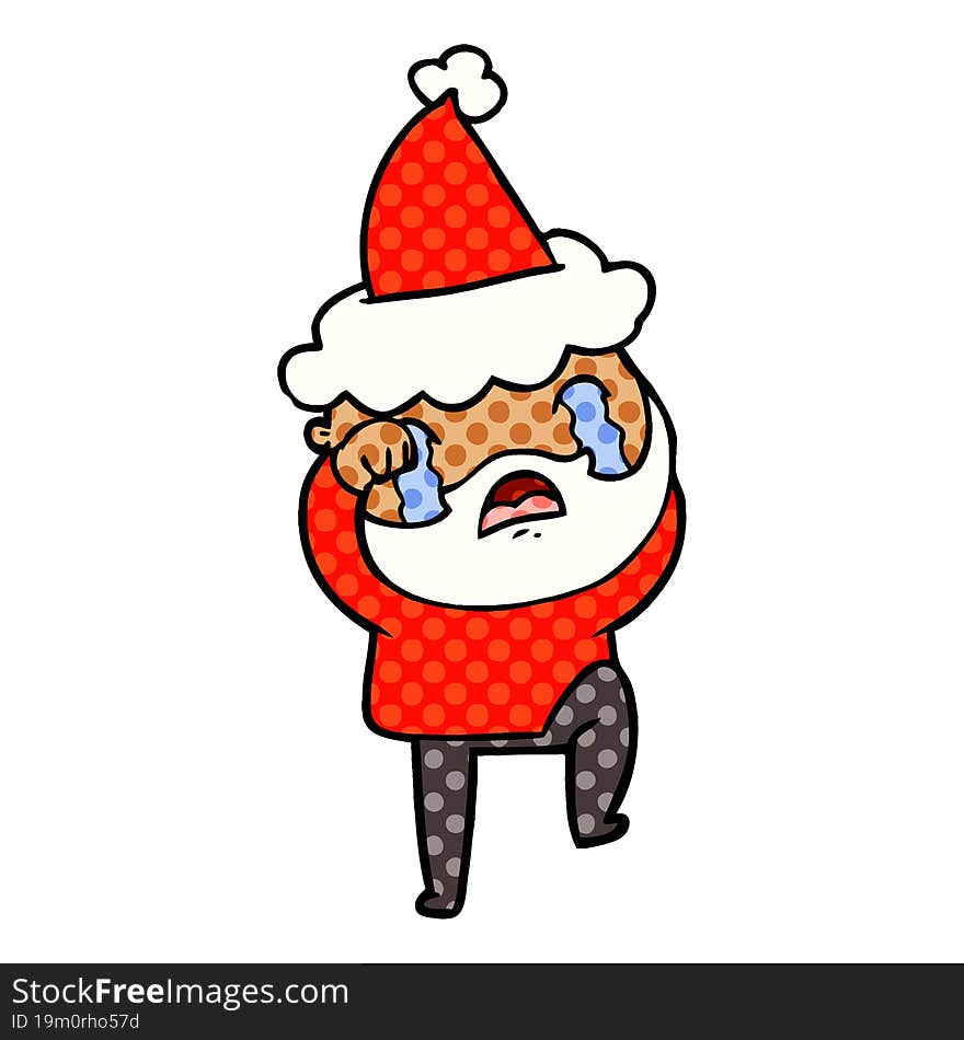 comic book style illustration of a bearded man crying and stamping foot wearing santa hat