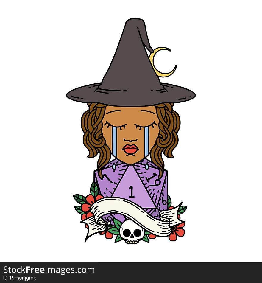 Crying Human Witch With Natural D20 Roll Illustration