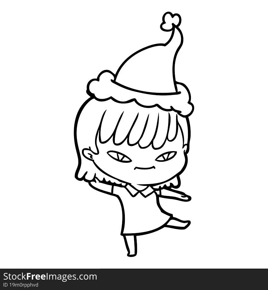 hand drawn line drawing of a woman wearing santa hat