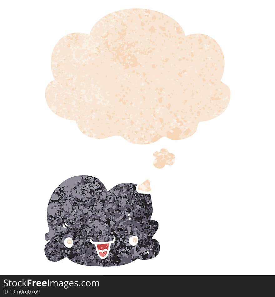 cartoon tiny happy cloud and thought bubble in retro textured style