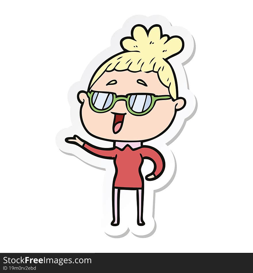 sticker of a cartoon happy woman wearing spectacles