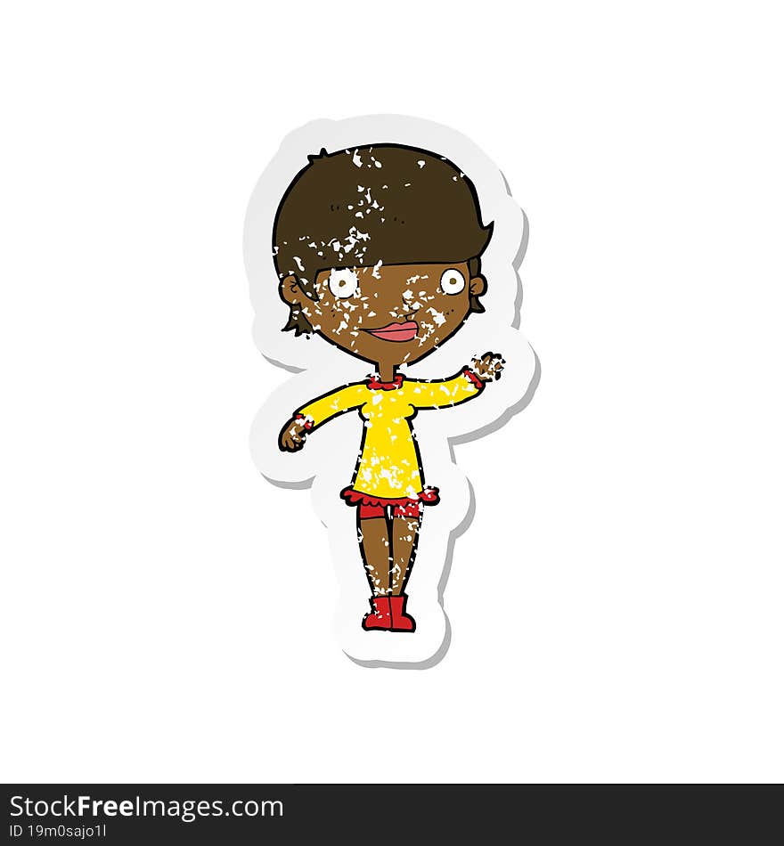 retro distressed sticker of a cartoon waving woman