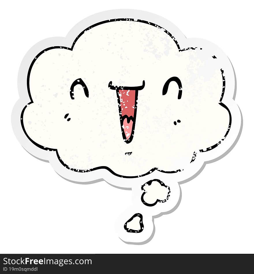 cute happy cartoon face and thought bubble as a distressed worn sticker