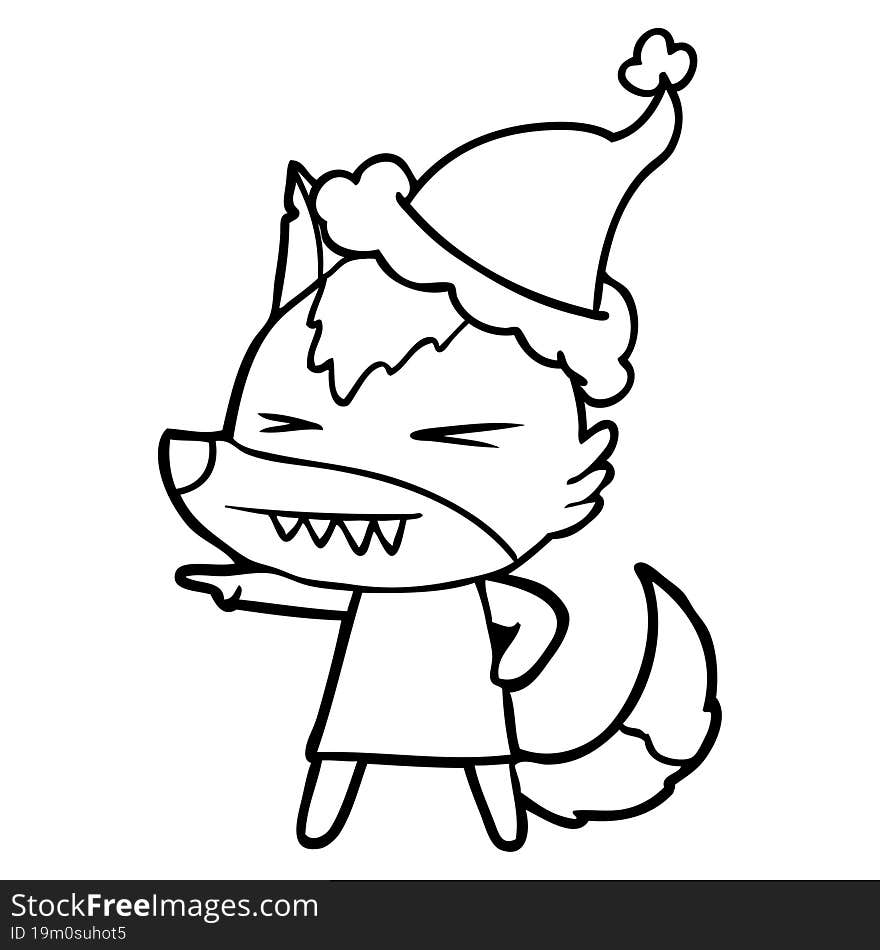 angry wolf line drawing of a wearing santa hat