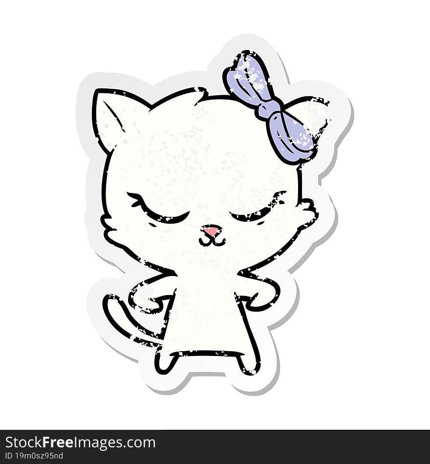 distressed sticker of a cute cartoon cat with bow