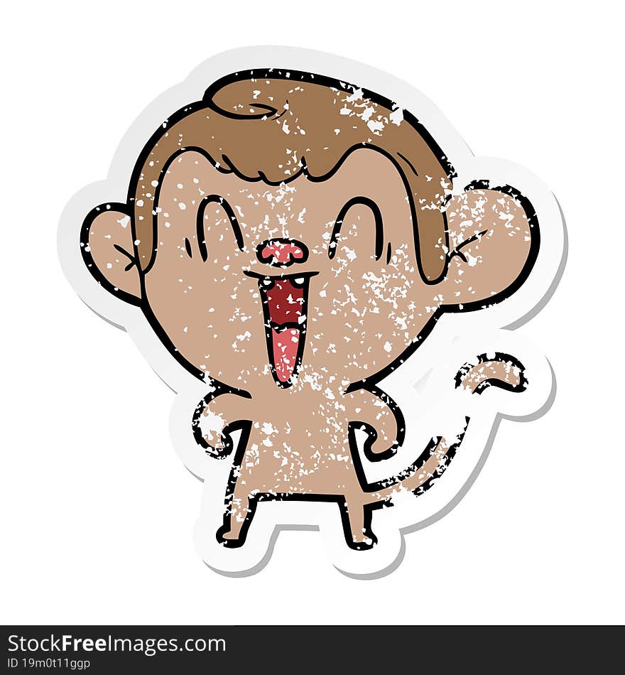 distressed sticker of a cartoon laughing monkey