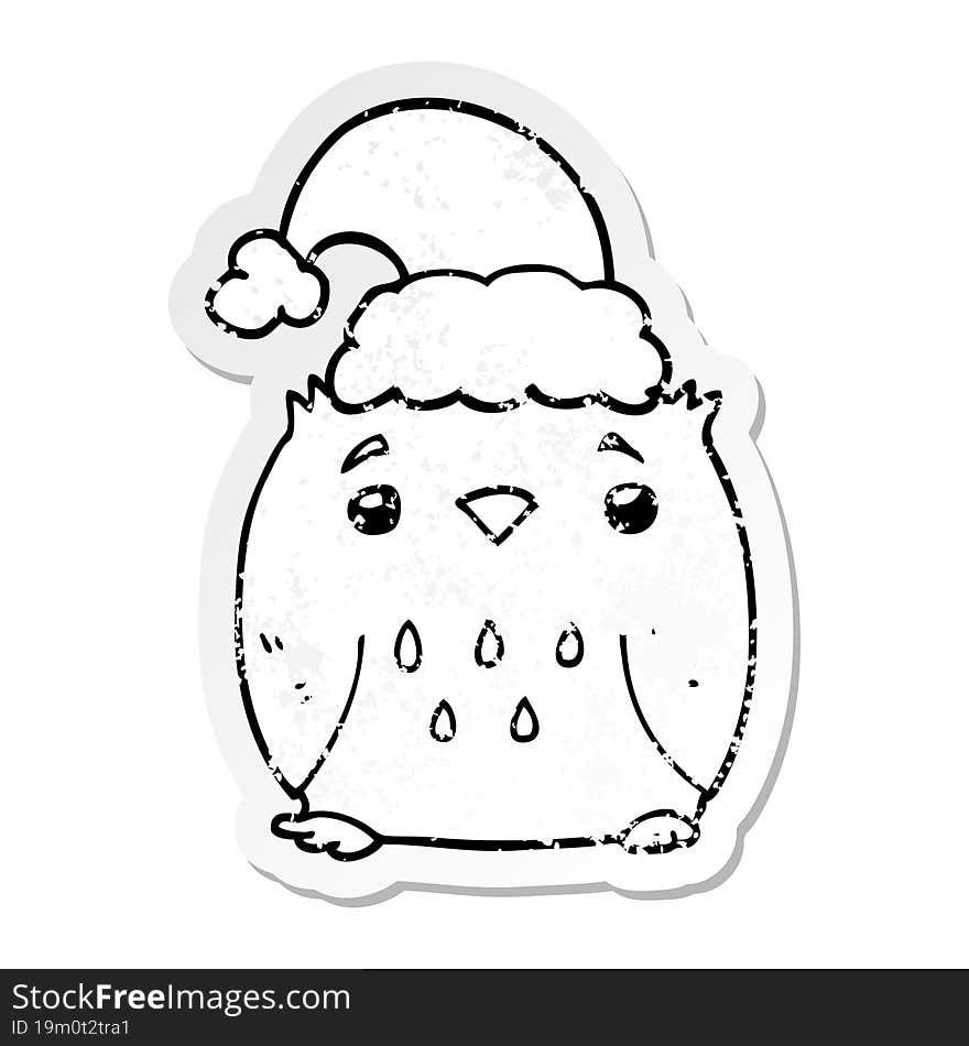 distressed sticker of a cute cartoon owl wearing christmas hat