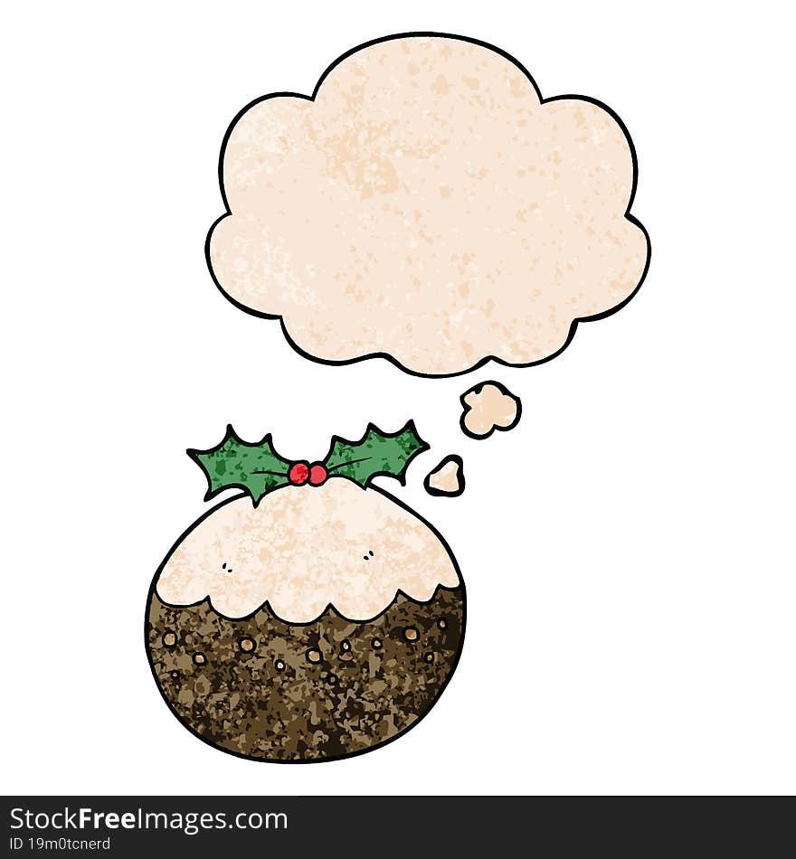 cartoon christmas pudding and thought bubble in grunge texture pattern style