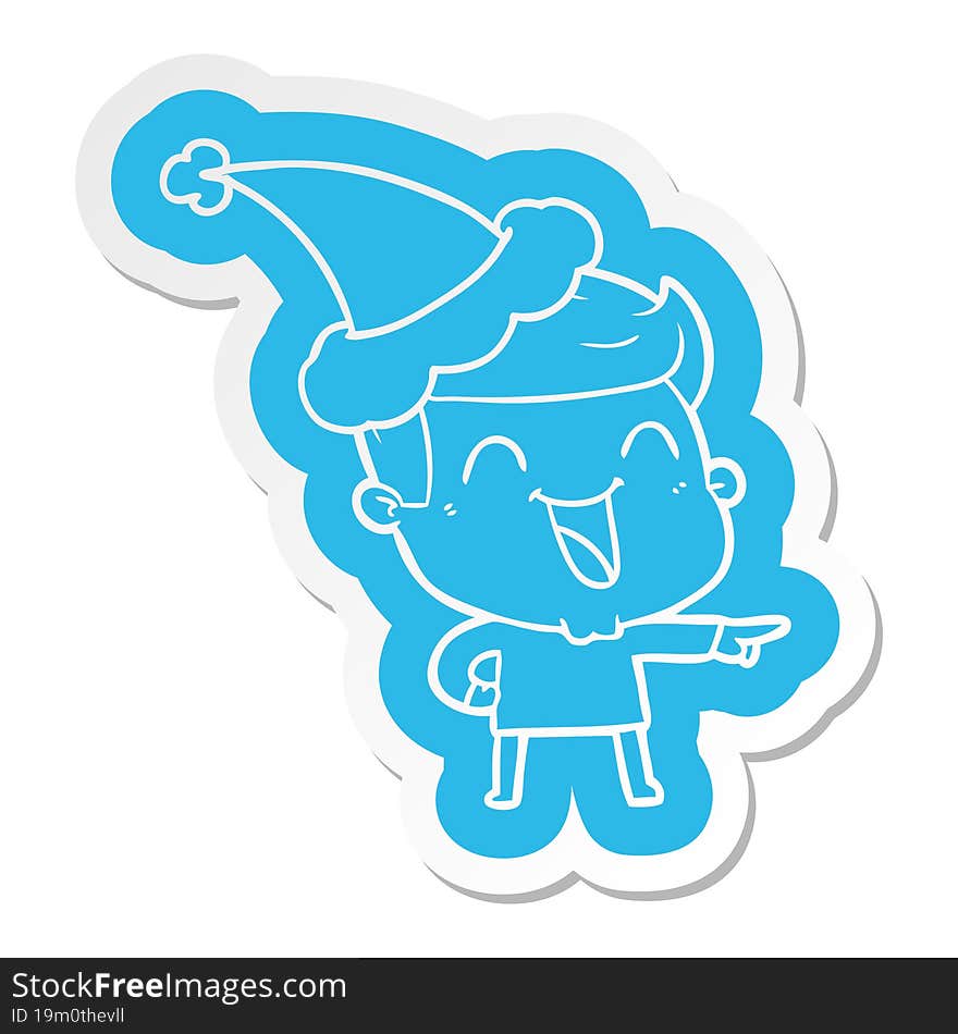 quirky cartoon  sticker of a man laughing wearing santa hat