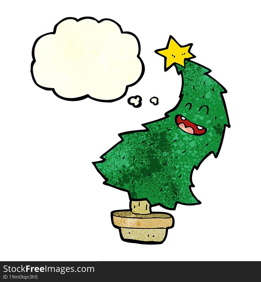 cartoon dancing christmas tree with thought bubble