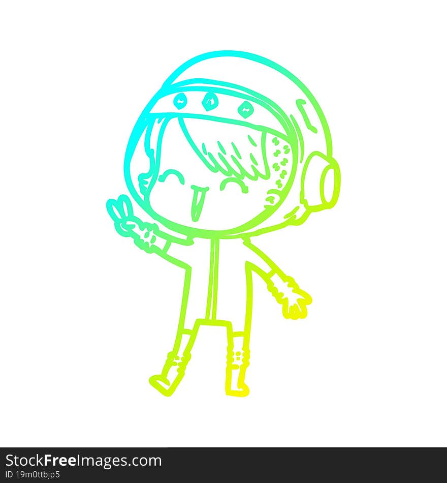 cold gradient line drawing of a happy cartoon space girl giving peace sign