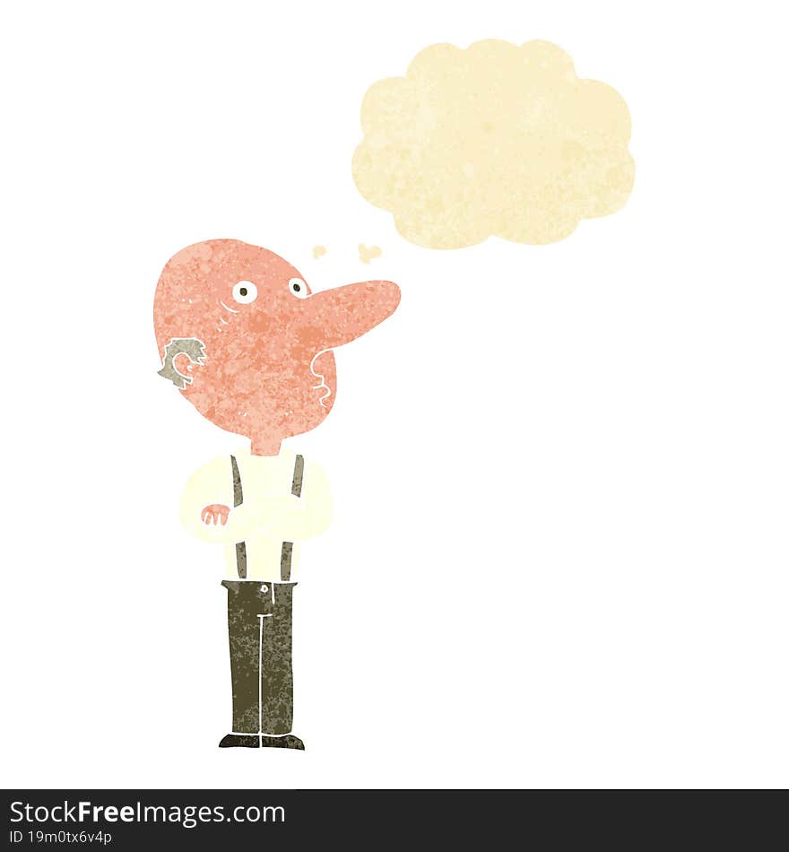 cartoon old man with folded arms with thought bubble