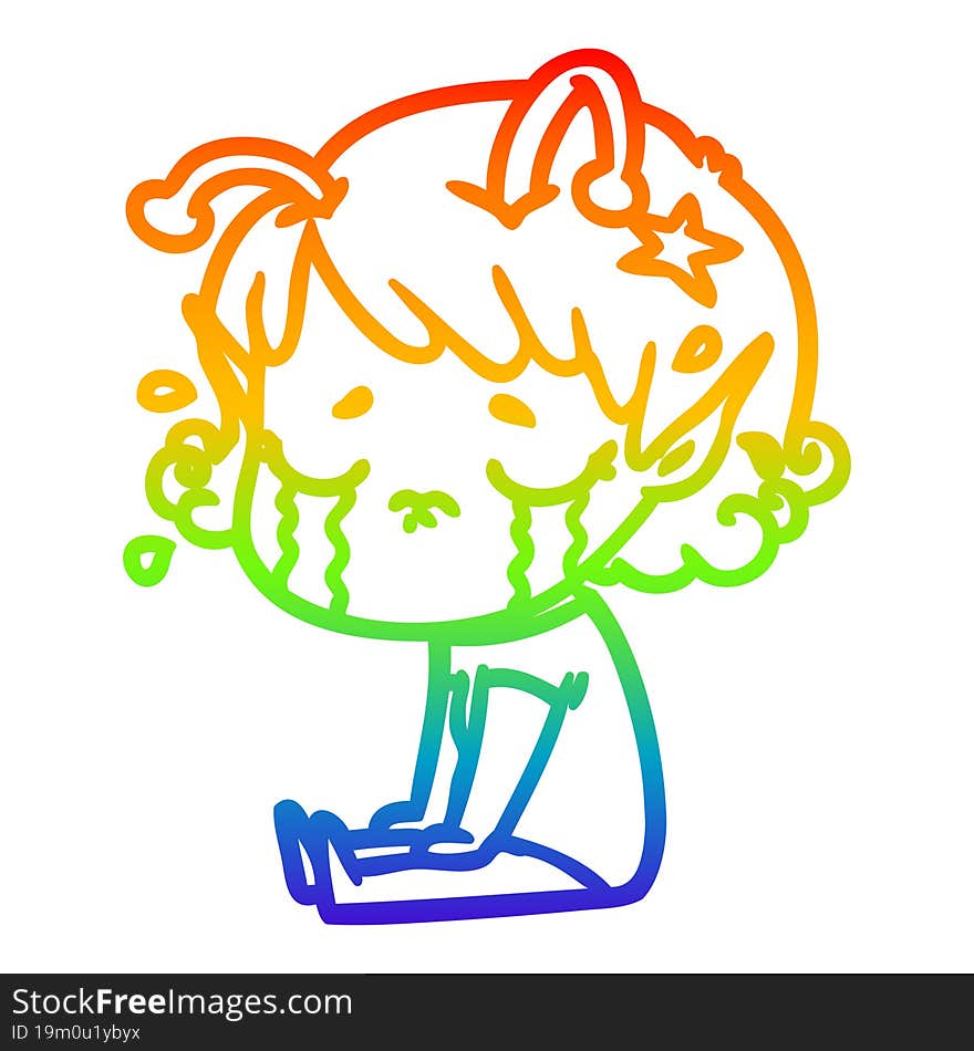 rainbow gradient line drawing of a cartoon crying alien girl