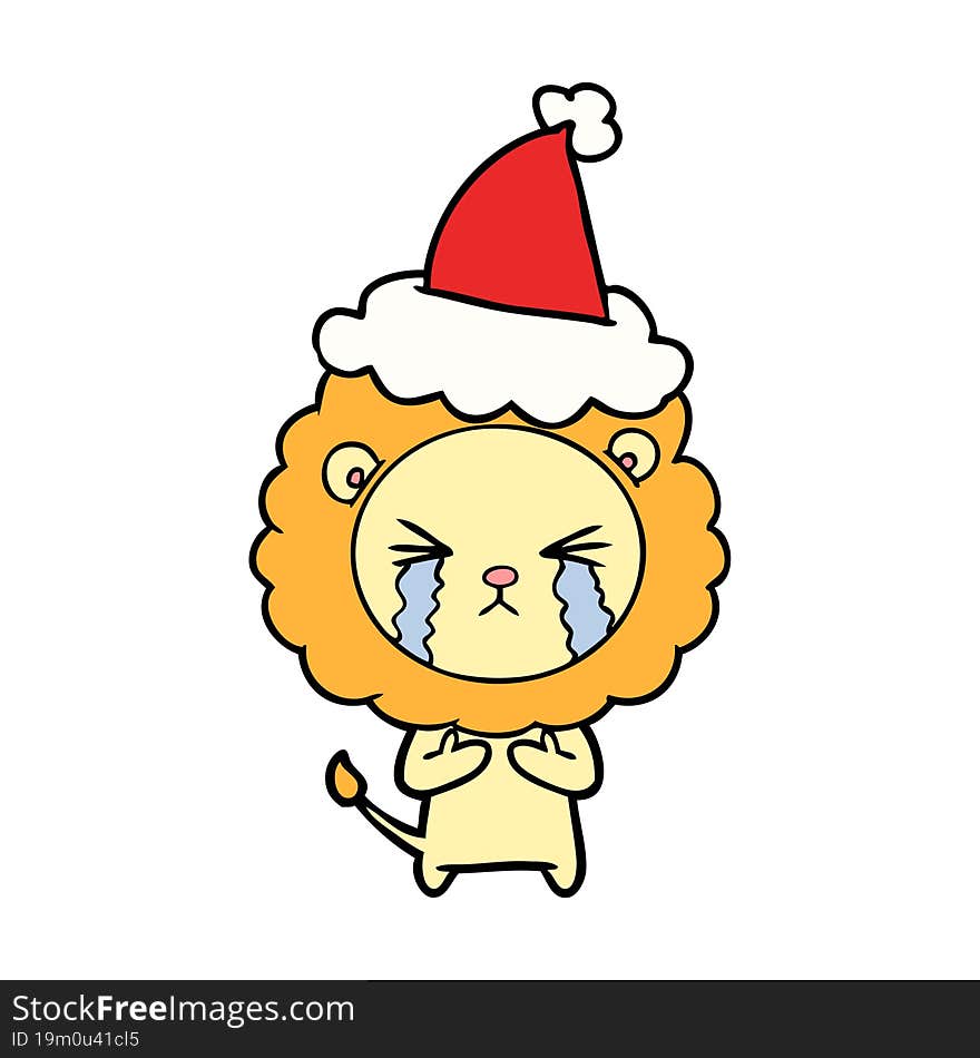 line drawing of a crying lion wearing santa hat