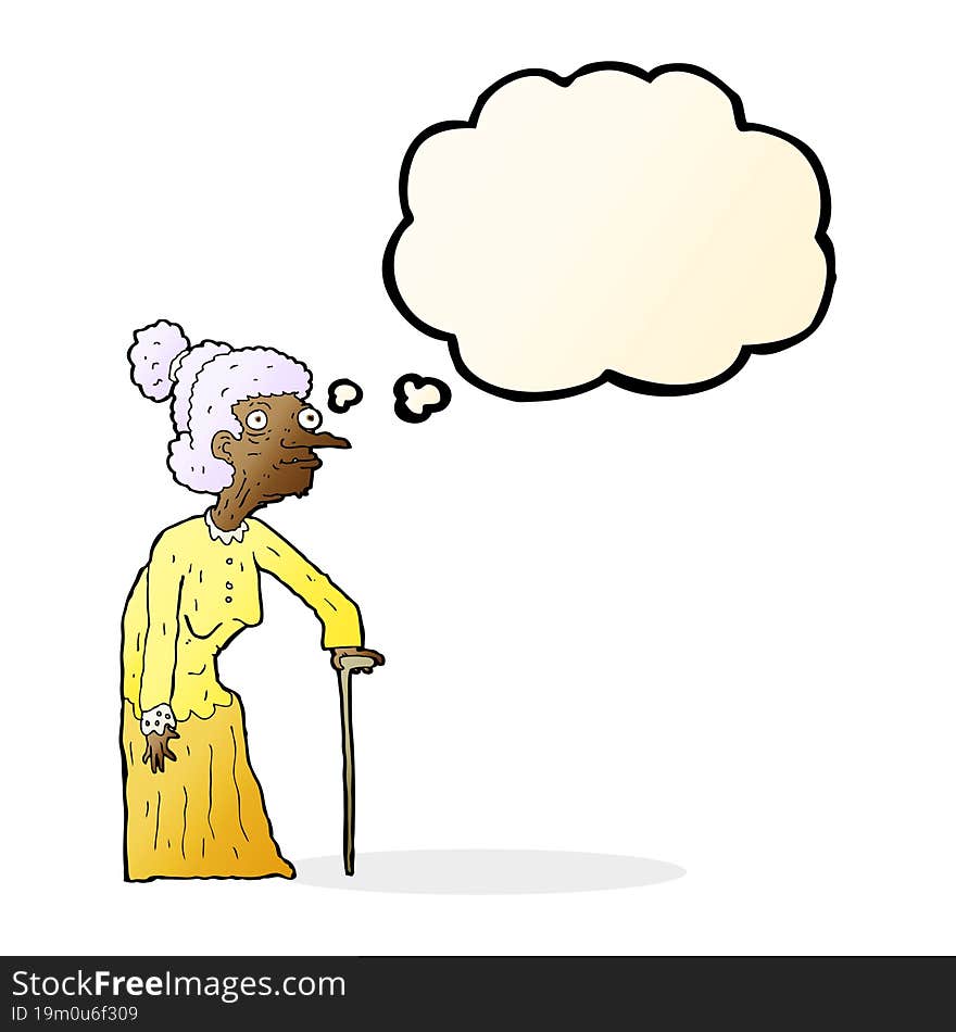 cartoon old woman with thought bubble