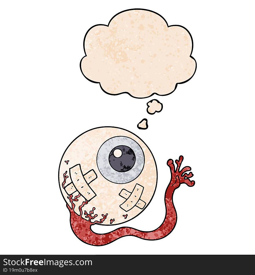 cartoon injured eyeball and thought bubble in grunge texture pattern style