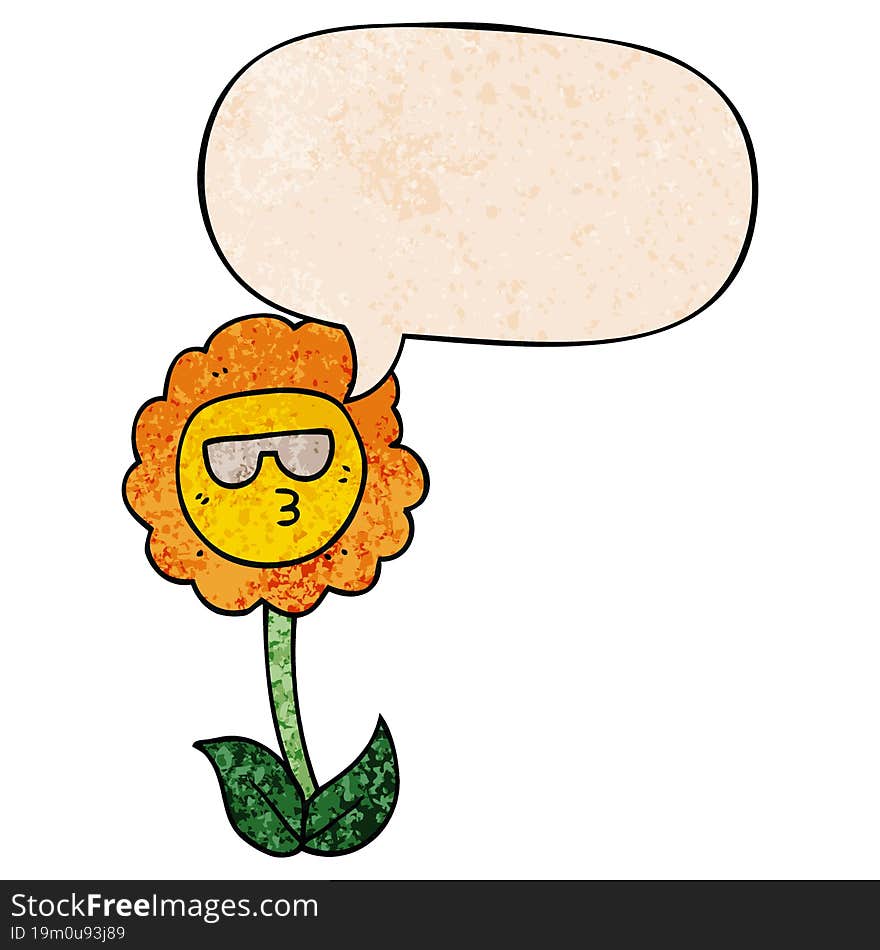 cartoon flower and speech bubble in retro texture style