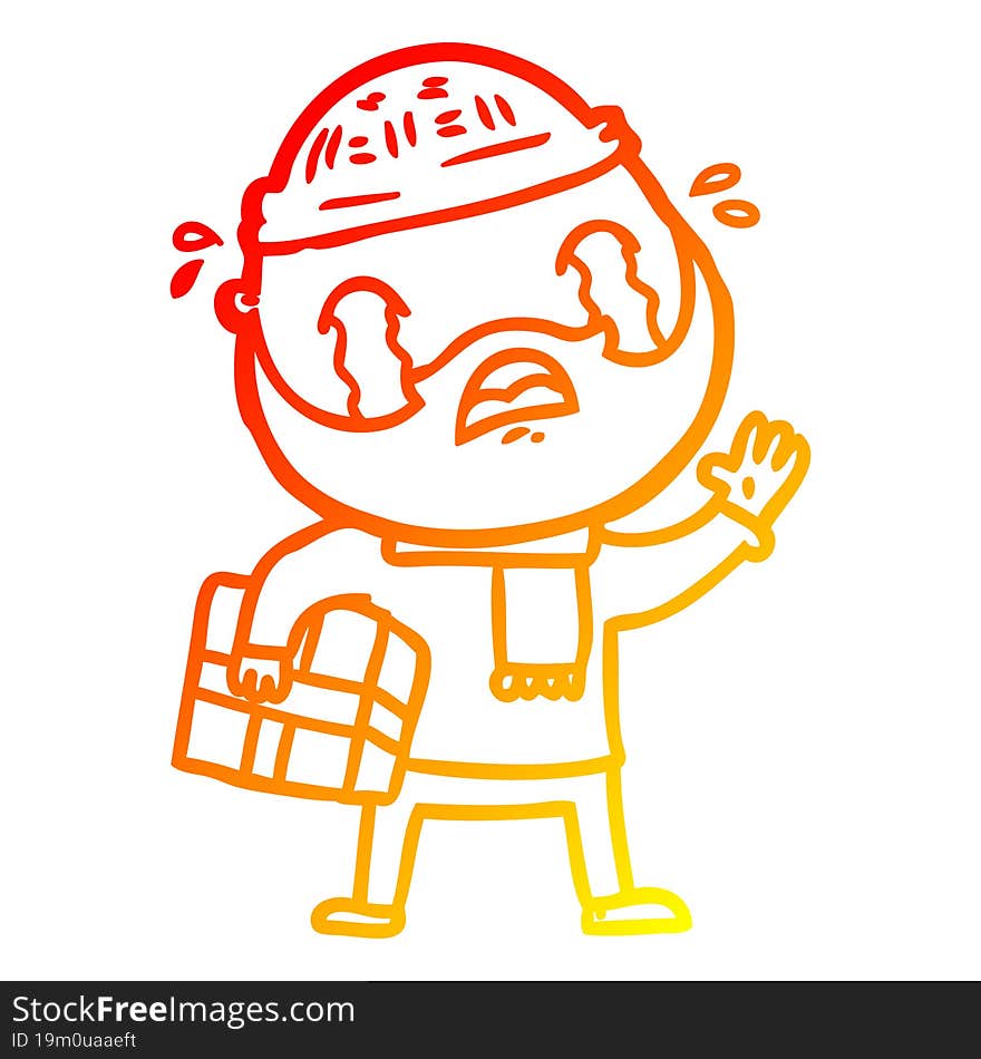 warm gradient line drawing of a cartoon bearded man crying with christmas present