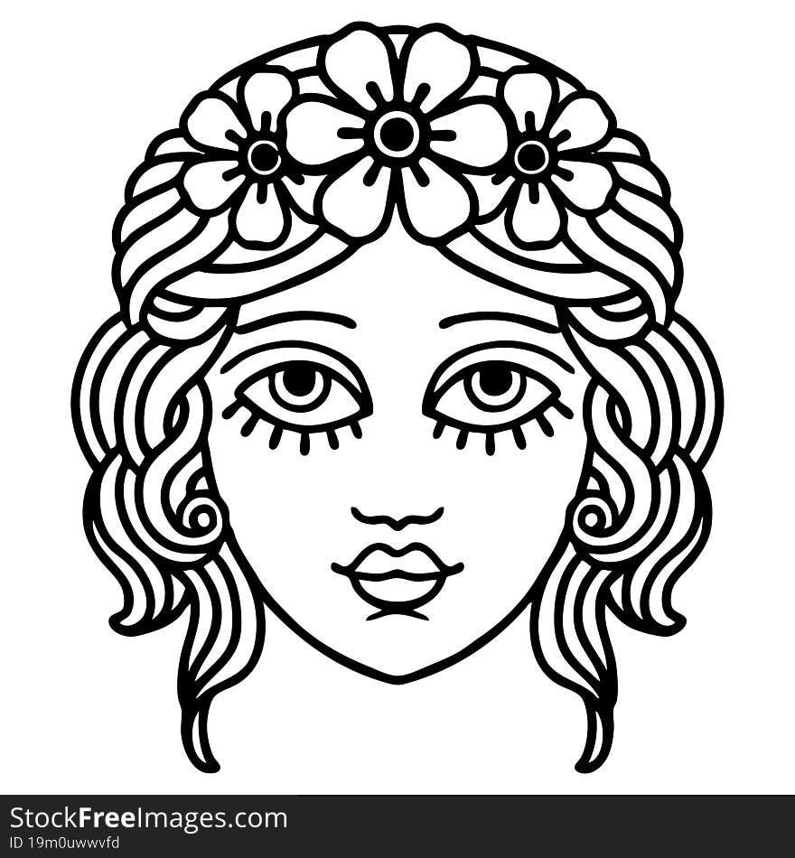 black line tattoo of female face with crown of flowers