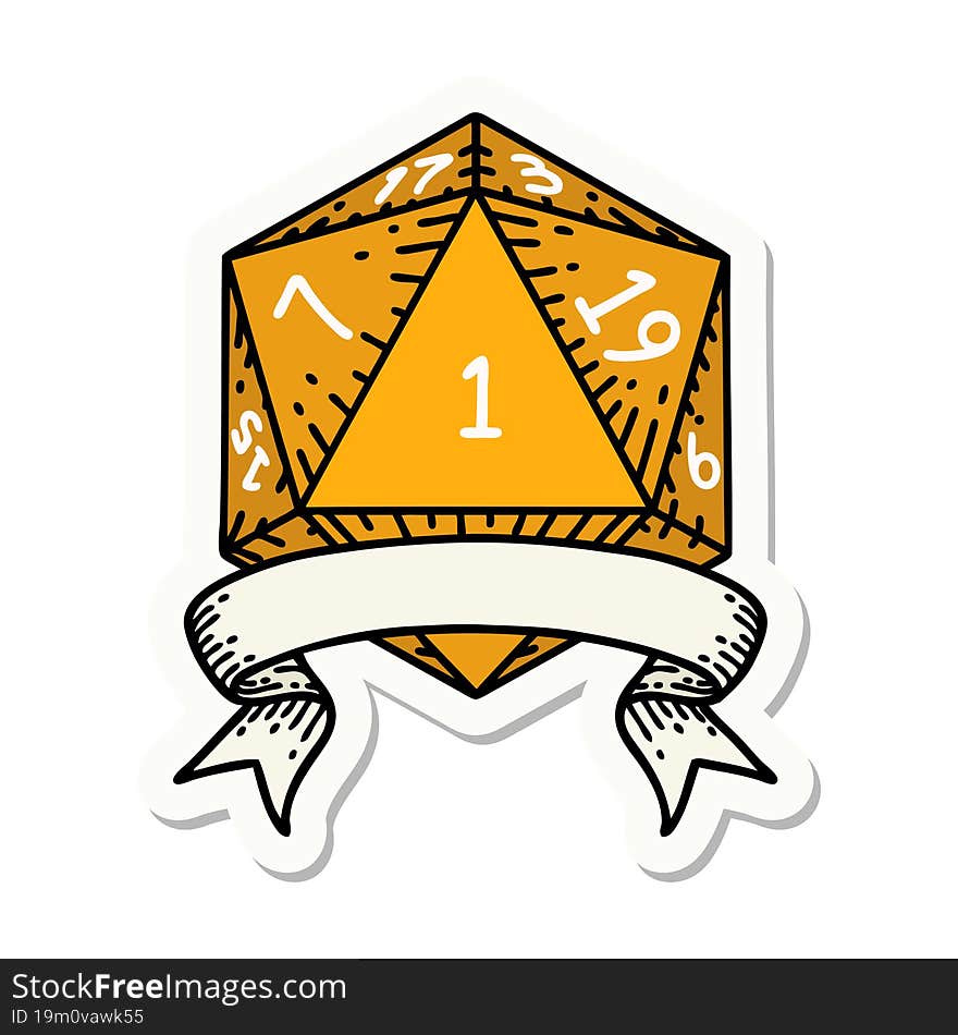 sticker of a natural one d20 dice roll. sticker of a natural one d20 dice roll