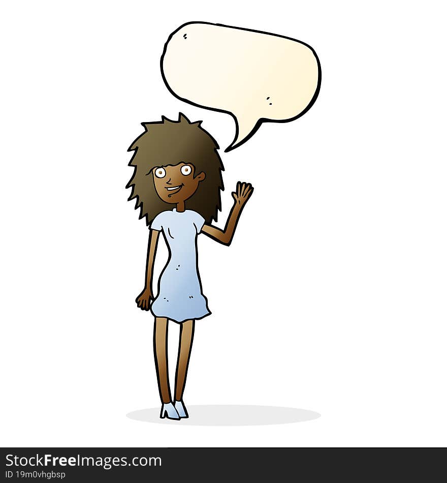 cartoon happy woman waving with speech bubble