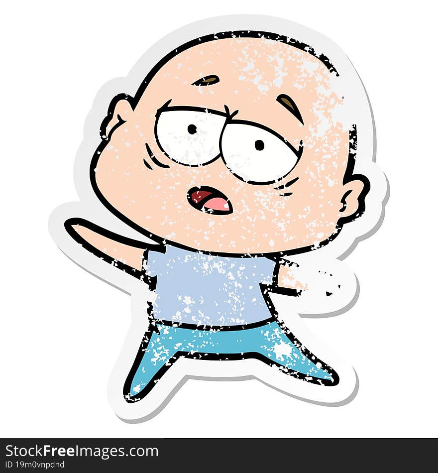 distressed sticker of a cartoon tired bald man