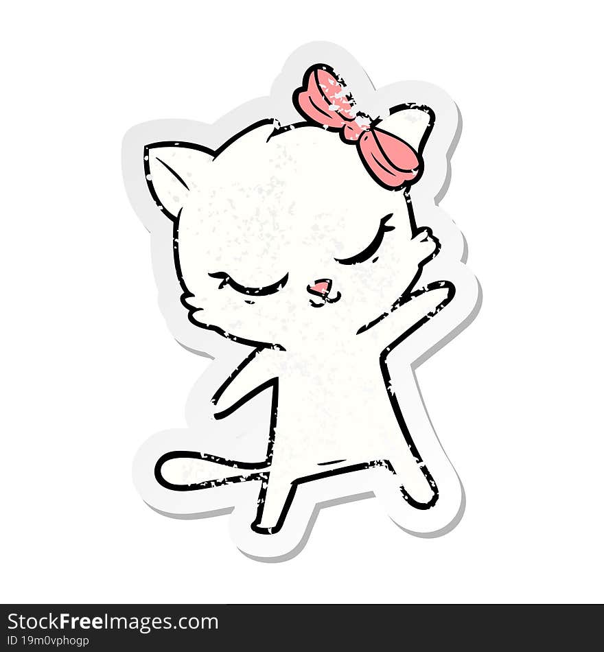 distressed sticker of a cute cartoon cat with bow