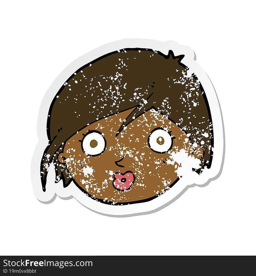 retro distressed sticker of a cartoon surprised female face