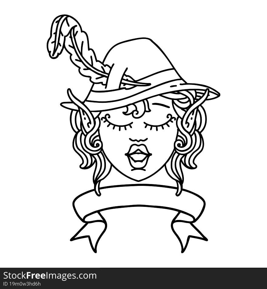 Black and White Tattoo linework Style singing elf bard character face with banner. Black and White Tattoo linework Style singing elf bard character face with banner